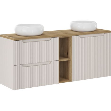 Ensemble meuble salle de bain suspendu double vasque NOVA cachemire 140 cm avec extension, étagère et plan vasque effet chêne (1/5)