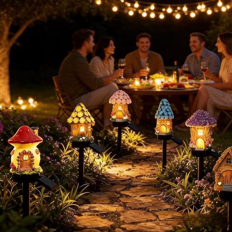 Irovami Lampe solaire de jardin : Décoration LED étanche - Allumage et extinction automatiques - Maisonnette champignon féerique pour éclairage extérieur de chemin et d'aménagement paysager (1/5)
