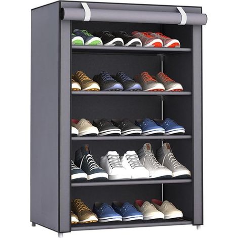 Zapatero, unidad de almacenamiento de zapatos con cubierta de tela antipolvo, zapatero grande con 6 rejillas, 5 niveles, gris (1/5)