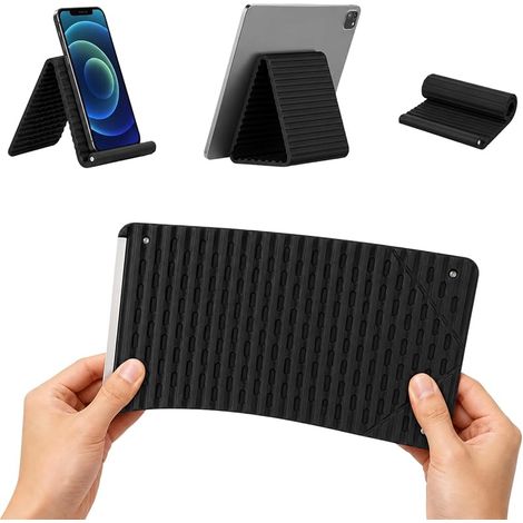 Faltbarer Silikon-Handyständer mit Aluminiumkern, verstellbarer, rutschfester Ständer für Smartphone, Tablet und Laptop, schwarz, tragbar, für Zuhause, Büro und Reisen. (1/5)