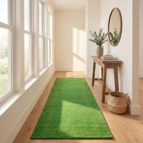 Tapis Loribaft Tapis Nova - Tapis en laine - 300x80cm, Rectangular - 100% Laine vierge - Tissé main - Vert