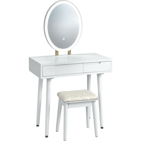 COSTWAY Vanity Table Set with Lighted Mirror & 3 Color Lighting Modes-White (1/5)