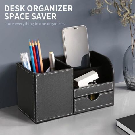 Organisateur de Bureau, Rangement de Bureau en Cuir Pot à Crayons Porte-Stylo Peu Encombrant, 4 Compartiments de Stylos, Agrafeuse (1/5)