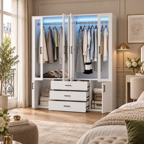 Armoire Chambre 160x51.8x182 cm, Armoire 2 Portes, Dressing Chambre Adulte avec LED, Penderie Vetement Dressing, Garde Robe, avec 3 tiroirs (1/5)