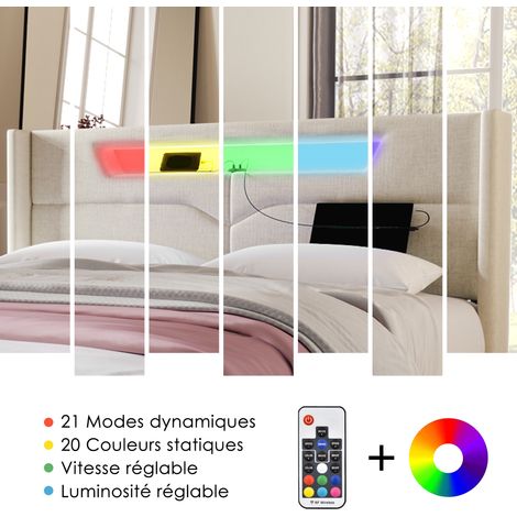 Lit capitonné avec éclairage LED, lit double avec fonction de chargement USB Type C et éclairage LED, lit coffre, cadre de lit en lin, lit enfant 140x200 avec sommier à lattes (avec matelas) (1/5)