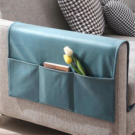 Sac de rangement pour accoudoir de canapé, bleu imperméable, avec 3 poches, pouvant contenir tablettes, téléphones portables, lunettes, télécommandes, etc. (1/5)