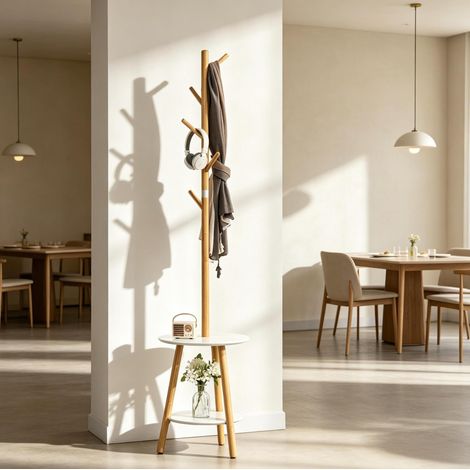 Appendiabiti da terra con ripiani rotondi e 5 ganci, 39,5 x 39,5 x 171 cm, naturale e bianco HAVRYA (1/5)