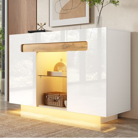 Buffet LED 120x40x80 cm en panneaux de bois et verre, blanc, avec rangement pour salon FloraGrace (1/5)