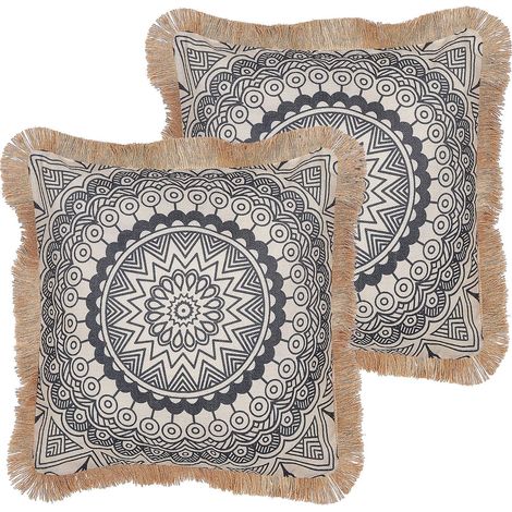 Set di 2 cuscini in poliestere beige e nero con nappe 45 x 45 cm GERANIUM