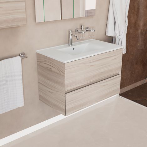 Inda - Badezimmerschrank 80 cm breiter aus Onyx-Lärche in Sand mit 2 Schubladen und Keramikwaschbecken (1/4)