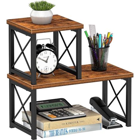 Étagère de bureau, étagère de bureau pour dessus de bureau, 2 niveaux réglables, petite étagère de bibliothèque, support de bureau empilable, support de comptoir de cuisine, présentoir de (1/5)