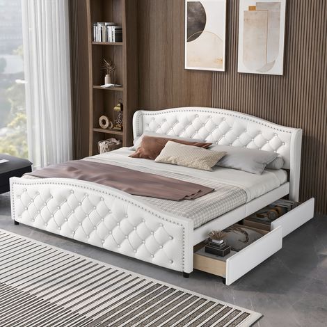 Lit double 160x200 cm - Chesterfield - Sommier inclus - 2 tiroirs - Tête de lit réglable - Blanc PU (1/5)