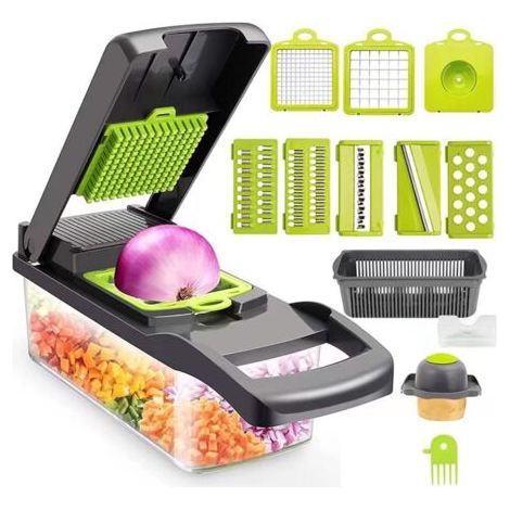 16 in 1 Mandoline Kitchen Kit, Multi-function Vegetable Cutter, Manual Vegetables with 7 Replaceable Blades Vegetable Chopper, Cube Vegetable Cutter, for Cutting, Grating, Slicing Vegetables (1/4)