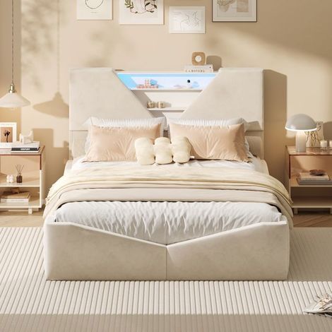 Cama doble con cofre - Tapizado en terciopelo 160x200 - Almacenamiento neumático - LED integrada - Cargador Qi
