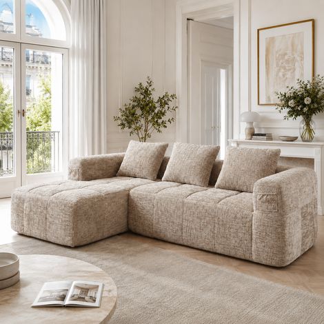 Canapé d'angle moderne en chenille, modèle L avec méridienne, 3 places, sans montage requis, équipé de 3 coussins, accoudoirs intégrés et poche latérale pour télécommande, couleur kaki (1/5)