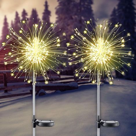 Luces solares para exteriores, [juego de 2], 150 LED con efecto fuegos artificiales, 2 modos, ideales para iluminar jardines, vallas y entradas de vehículos (luz blanca cálida). (1/5)
