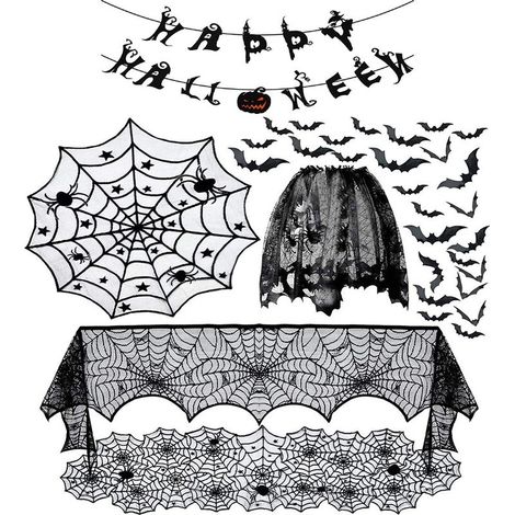 Ensemble de 6 décorations d'Halloween : nappe, chemin de table, nappe ronde en dentelle noire à motif toile d'araignée, châle de cheminée à motif toile d'araignée. (1/5)