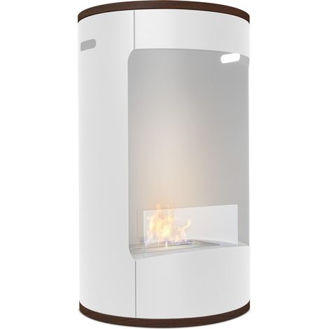 Frankystar – Cheminée bioéthanol autoportante en acier inoxydable – Brûleur 1,5L pour 20-25 m² – Étagères en bois mélaminé – Ø 40xH67,5 cm blanc