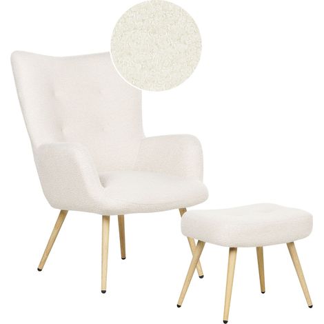 Poltrona rivestita in tessuto beige con motivo floreale con poggiapiedi Vejle II