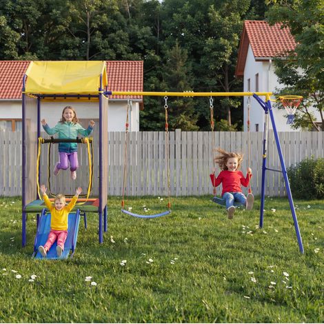 Aire de jeux extérieure enfant 4-en-1 avec trampoline, balançoire, toboggan DESVIAE (1/5)