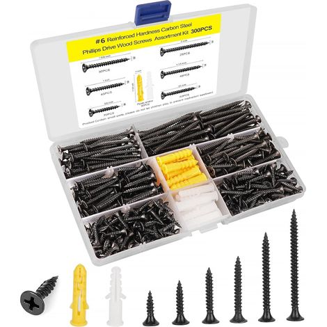 6 Holzschrauben-Montageset, Kreuzschlitzschraubendreher, selbstschneidendes Flachkopfschrauben-Set, Trockenbauschrauben für kleine Küchenschränke, 300 Stück, 5/8" bis 2" Länge, schwarze Oxidbeschichtu (1/5)