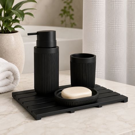 Set da bagno coordinato (3 pezzi) – Tenda a rullo, tappetino da bagno in bambù e set di tre accessori in resina (1/5)