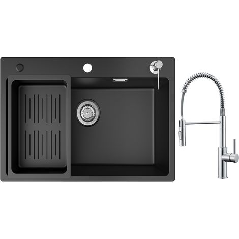 Cecipa Evier 1 Bac en Quartz et Résine 70x45cm Evier de Cuisine avec Panier de Vidange et Distributeur de Savon + Mitigeur de Cuisine à Ressort avec Douchette Extractible, Robinet Evier 2 Modes de Sor (1/5)