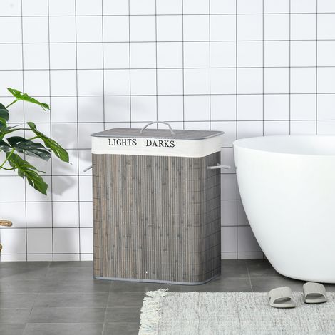 Cesto para Ropa Sucia de Bambú Capacidad de 100L con Tapa Extraíble Bolsa de 2 Compartimentos 52x32x63 cm Gris (1/5)