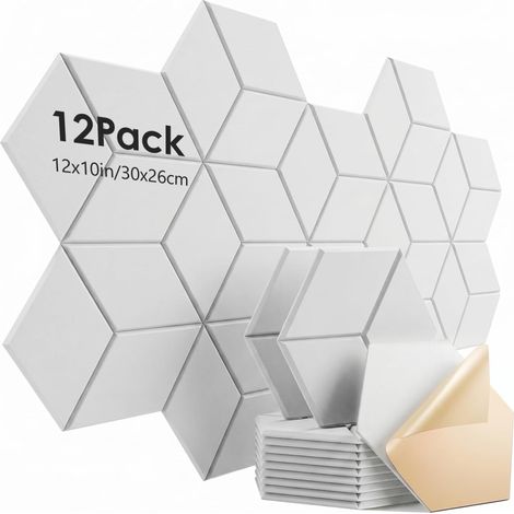 Panneaux en Mousse Acoustique - Lot de 12, Panneaux Muraux Hexagonaux Insonorisants, Panneaux Acoustiques Auto-adhésifs, Panneaux D'insonorisation pour Murs, Bureau, 30,5 cm x 25,4 cm x 1 cm (1/5)