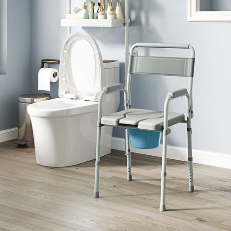 Chaise percée toilette pliable, antidérapante, hauteur réglable. Siège et accoudoirs rembourrés, charge 150 kg gris, confort et hygiène pour une utilisation nomade et pratique. (1/5)