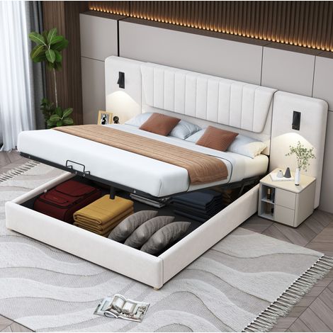 MEUBLIV Polsterbett 180x200 cm Beige – mit LED-Leselampen und Stauraum, ohne Matratze (1/5)