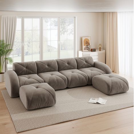 Canapé modulable en U 4 places chenille marron avec 2 poufs, sans cadre (1/5)