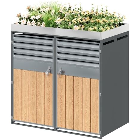 Mülltonnenbox ,Lüftungsöffnung mit Lamellen, trash storage compartments,Abschließbar, Zwei Türen,Pflanzfläche