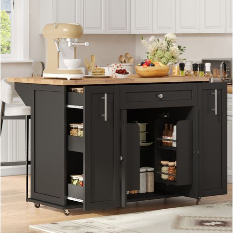 Isla de cocina móvil con encimera abatible, 120 x 45(70) x 87 cm, MDF negro y natural DESVIAE (1/5)