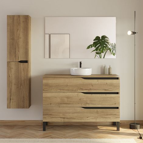 Meuble de salle de bain 120cm avec plateau et vasque ronde Ares - 3 tiroirs et colonne de rangement - madera miel (bois clair) - MATA (1/5)