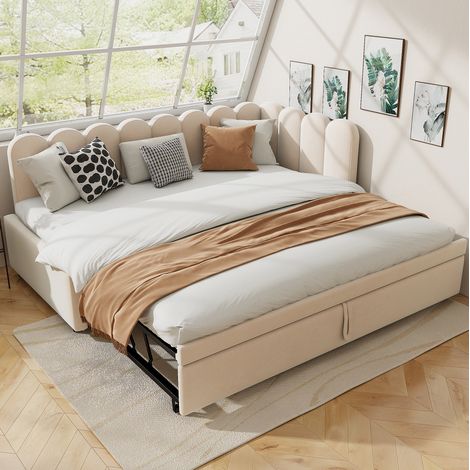 Schlafsofa Samt Beige 90x200 cm, ausziehbar auf 180x200 cm, L-Form, inklusive Lattenrost (1/5)