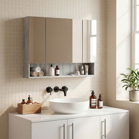 Armoire de toilette Kleankin à 4 sections avec étagères réglables, miroir de salle de bain en bois et verre, 90 x 15 x 75 cm, gris (1/5)