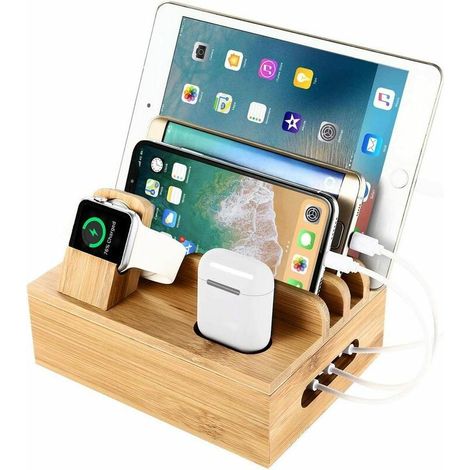 Rangement de bureau en bambou 100% naturel – Station de charge pour 5 appareils – Design magnétique – Support de téléphone et tablette compact
