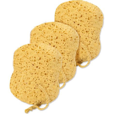 Juego de esponjas de baño de 3 piezas, esponja de baño duradera, esponja grande de 13 x 12,5 x 6,5 cm, produce mucha espuma, esponja de baño duradera, utensilios de cocina, fácil de limpiar (amarillo) (1/5)
