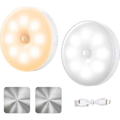 2 Pièces LED Lampe Detecteur De Mouvement Interieur,LED Escalier Detecteur De Mouvement,3 Modes,Rechargeable par USB/Adsorption Magnétique,pour Armoires,Escaliers,Couloirs,Jaune Chaud/Blanc Brillant (1/5)