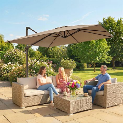 Parasol de jardin décentré 3 x 3 m avec pied en croix et toile. En aluminium. Kaki.