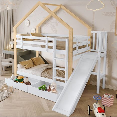 Letto a castello 90/200 cm a casetta con scivolo, cassetti e scala angolare (1/5)