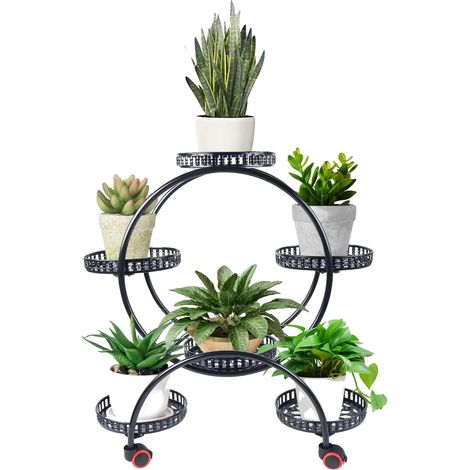 Support de Plantes, Capacité de 6 Pots, Design Mobile, noir (1/2)