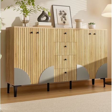 Aparador 160x36x94 cm, mueble de almacenamiento 4 puertas y 4 cajones, de madera, natural (1/5)