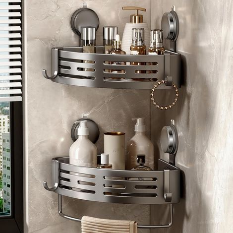 Estante esquinero para ducha con ventosas, 2 piezas, no requiere perforación, con toallero y ganchos, almacenamiento y organización para el baño, soporte para gel de ducha (gris) (1/5)