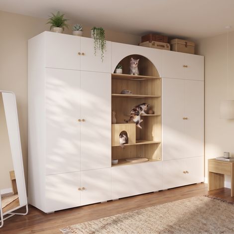 Armoire ensemble vestiaire armoire animaux, 270x50x200 cm, 1 tringle mur escalade chat coussin animal, chambre salon couloir, blanc bois, coloris blanc et bois (1/5)