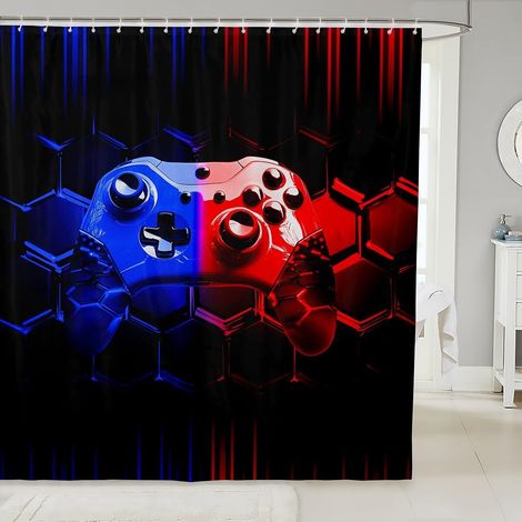 Enfants Console de Jeux Rideau Douche,Jeux Rideau de Douche Cool Jeux Vidéo Noir Rideau Salle de Bain Décor Bleu Rouge Géométrique Nid D'Abeille Rideau Imperméable Poignée de Jeu Decor Rideaux,180x200 (1/5)