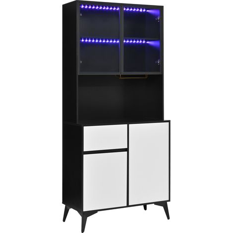 Armoire haute en MDF blanc et noir avec éclairage LED réglable, vitrine en verre et rangement multifonction (1/5)