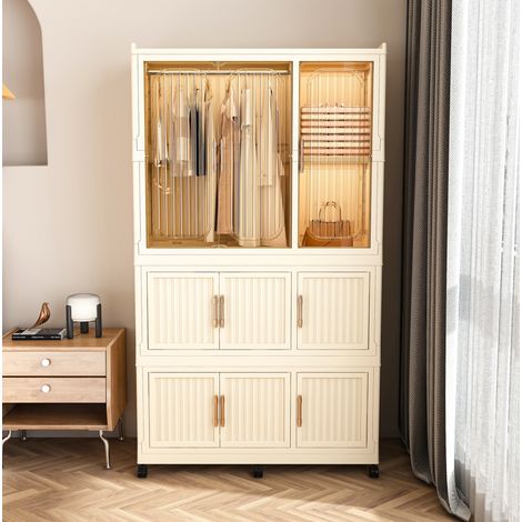 Penderie modulable en polypropylène, 9 portes magnétiques, roulettes freinées, beige HAVRYA (1/5)