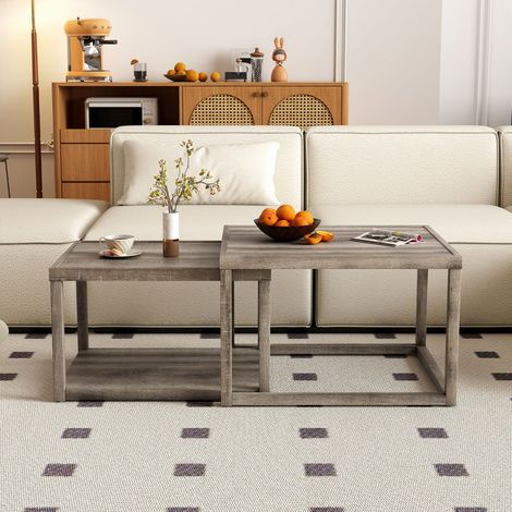 Ensemble de 2 Tables Basses Gigognes Tables d'Appoint Rectangulaires Empilables avec étagère de Rangement Structure en Bois de Caoutchouc Gris (1/3)